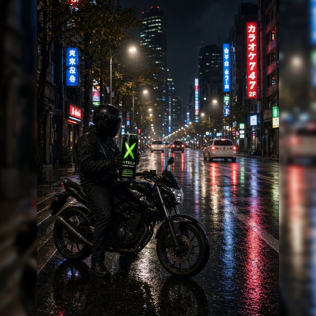 Night rider holding VITSILA energy drink in the city