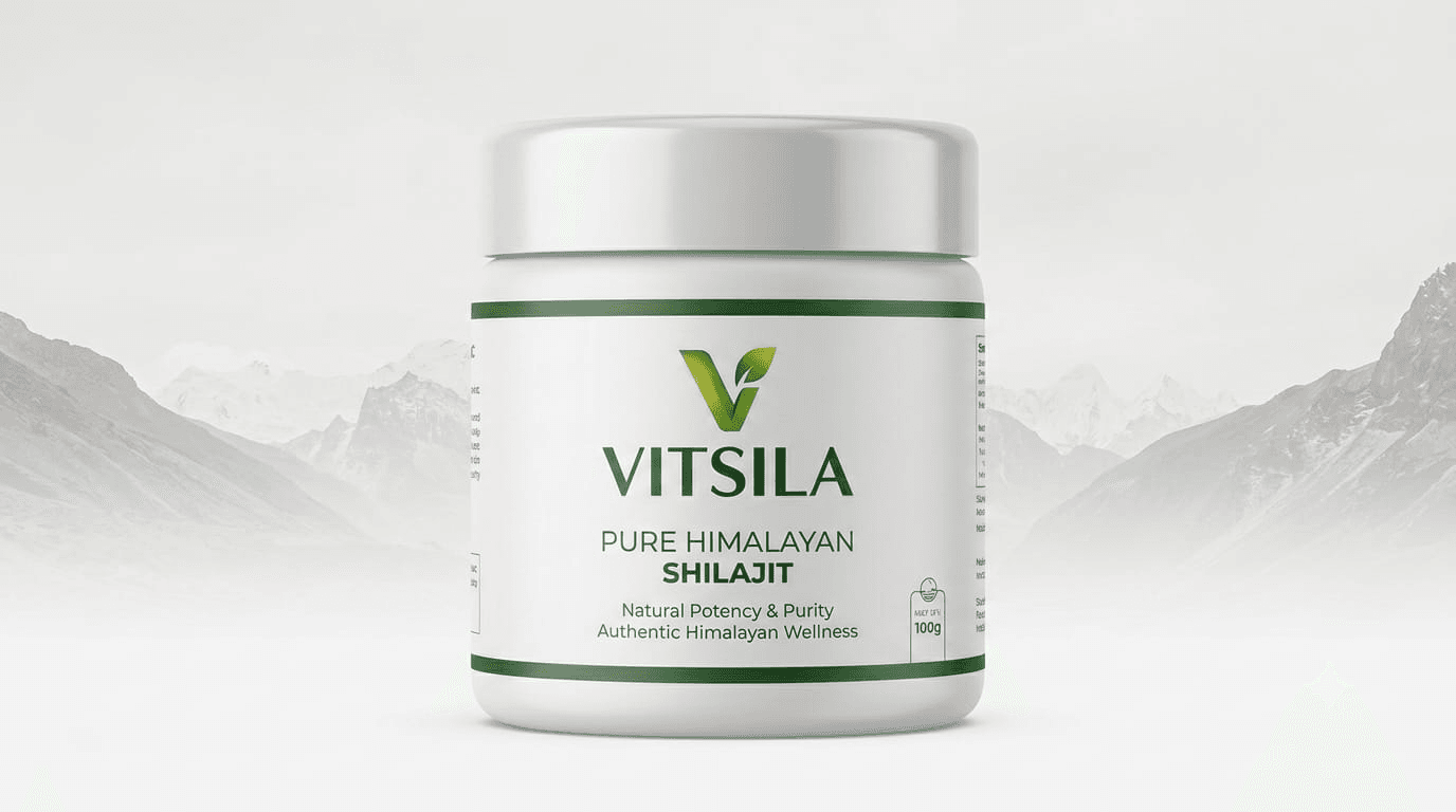 VITSILA Pure Himalayan Shilajit white jar with misty mountain backdrop