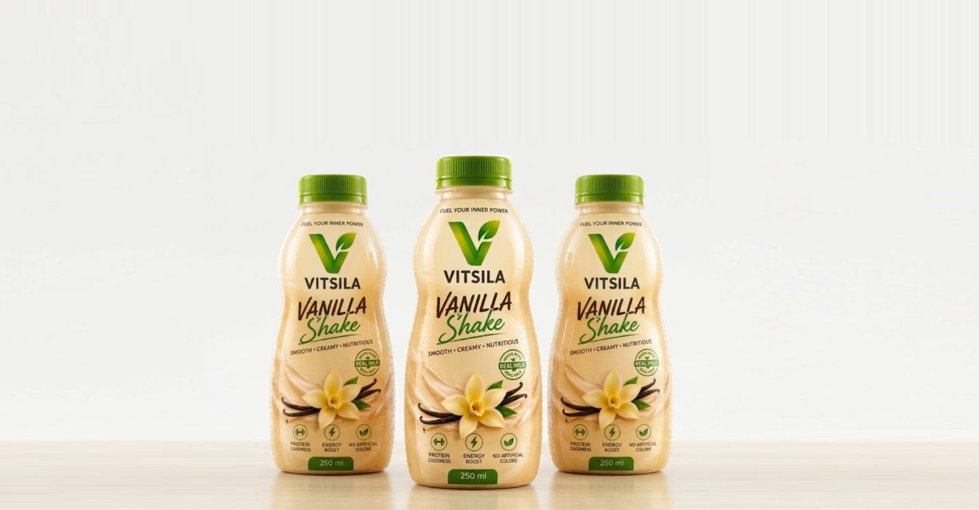 Three VITSILA Vanilla Shake bottles on a light background