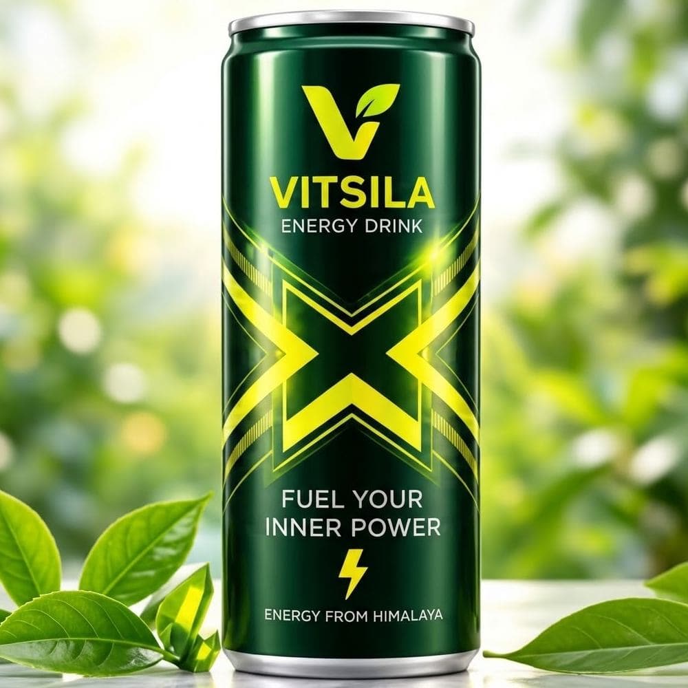 VITSILA energy drink can surrounded by fresh green leaves