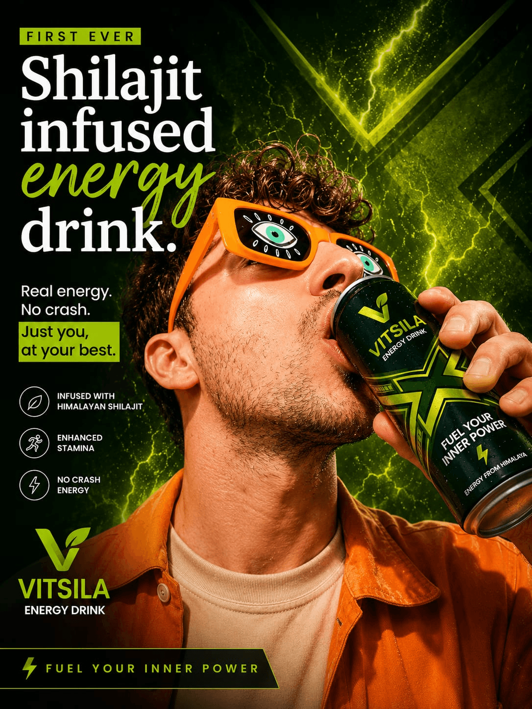 VITSILA Shilajit infused energy drink campaign with orange sunglasses