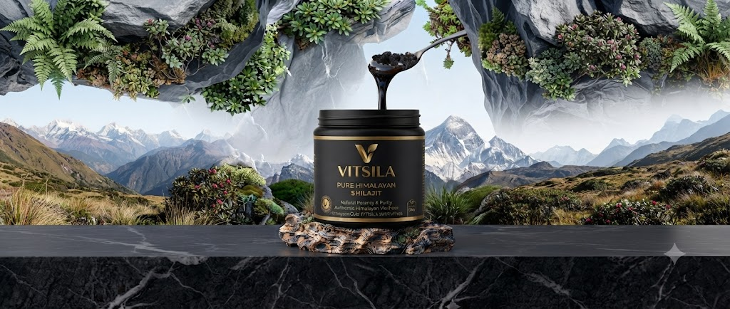 VITSILA Pure Himalayan Shilajit with a mountain landscape