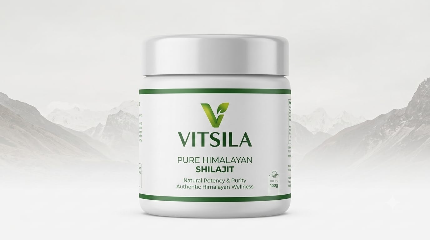VITSILA Pure Himalayan Shilajit white jar with misty mountain backdrop